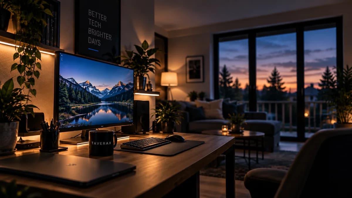 A warm, lamp-lit home office at dusk with a desktop computer on a wooden desk