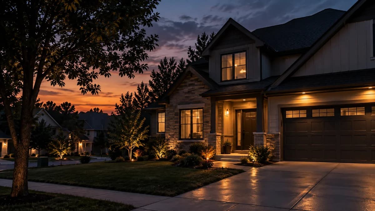 A family home lit up at dusk on a quiet residential street